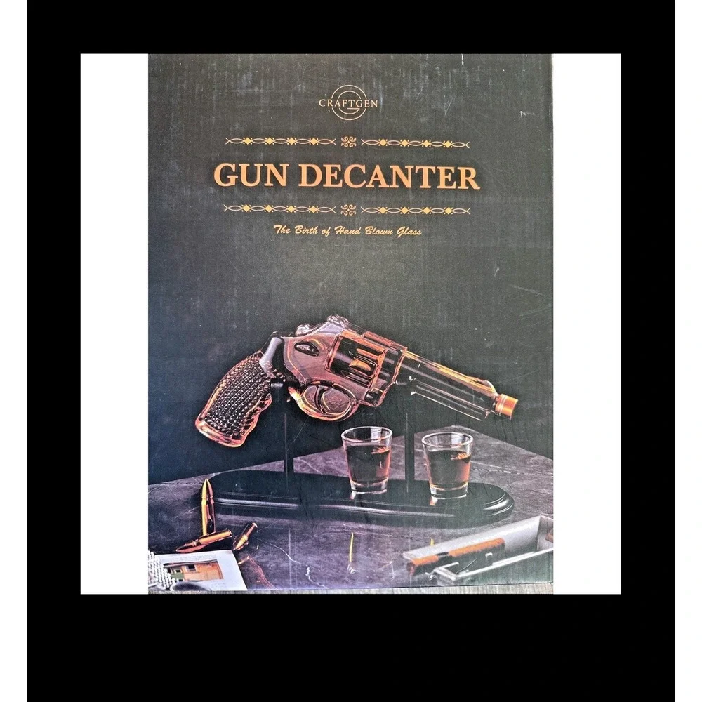 Craftgen Gun Whiskey Decanter Set Hand Blown Glass Revolver 300ml Wooden Stand